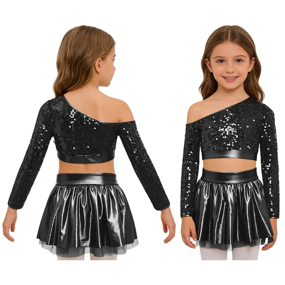 Doomiva Girls 2-piece Jazz Dance Outfit Set Sequined Long Sleeve Crop Top with Shiny Tutu Skirt Ballroom Dress Set Black 6