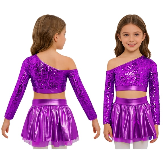 Doomiva Girls 2-piece Jazz Dance Outfit Set Sequined Long Sleeve Crop Top with Shiny Tutu Skirt Ballroom Dress Set Purple 12