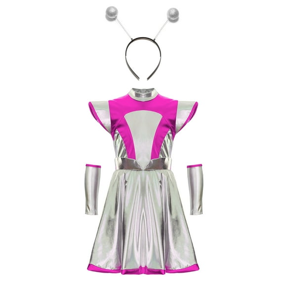 Doomiva Girls Alien Robot Astronaut Dance Sets Metallic A Line Tutu Dress with Feeler Headband Pink 10