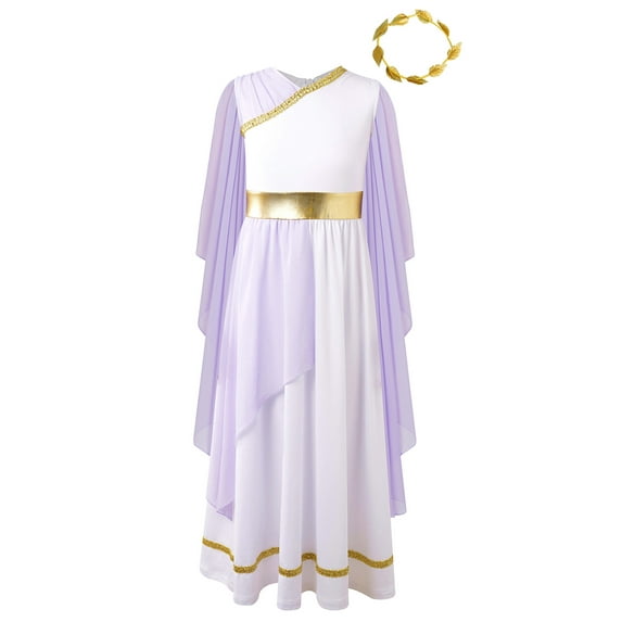 Doomiva Girls Athenian Princess Toga Dress with Laurel Ancient Greek Nymph Dress-up Lavender 6
