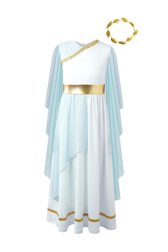 Girls Athenian Princess Toga Dress with Laurel Ancient Greek Nymph Dress-up Light Blue 12