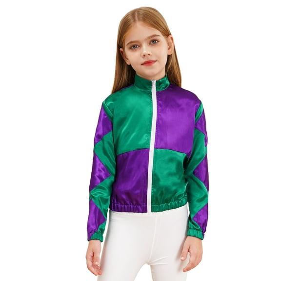 Doomiva Girls' Athletic Long Sleeve Mock Neck Zipper Colorblock Bomber Jacket Horse Rider Cosplay Green 10