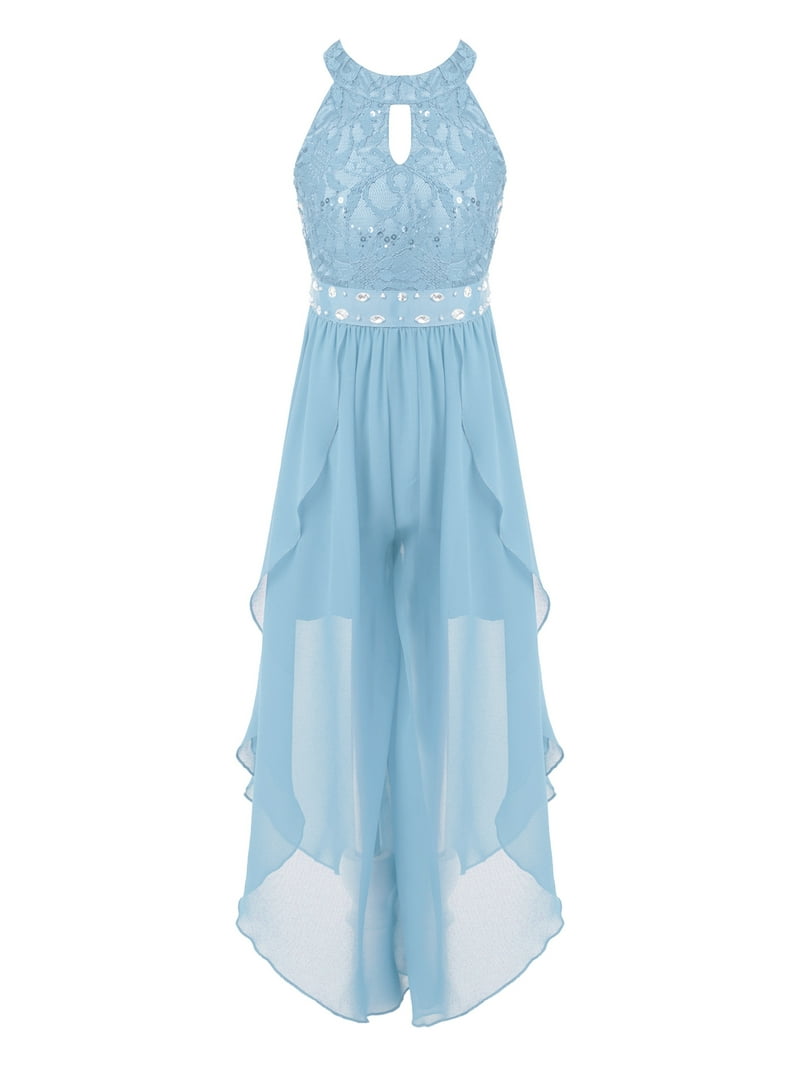 party dresses and playsuits Doomiva Girls' Beaded Lace Romper Jumpsuit Pants Chiffon Dress Dance Party  Overalls Playsuits Sky Blue 12