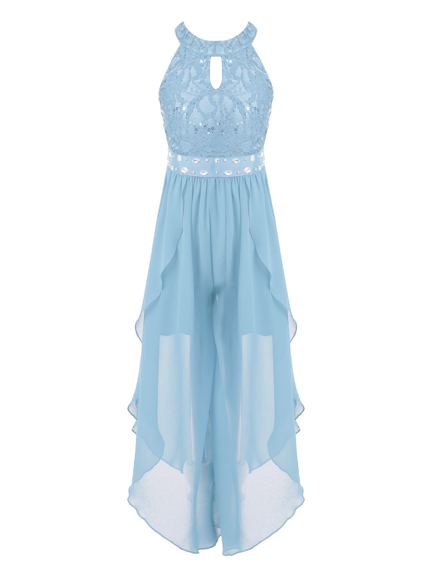 open lace back dress Blue Ruffle Playsuit V-Neck
