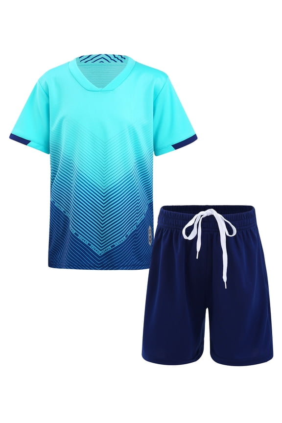 Girls Boys Football Team Uniform Sportwear Short Sleeve Shirts with Shorts Set Sky Blue 10-11