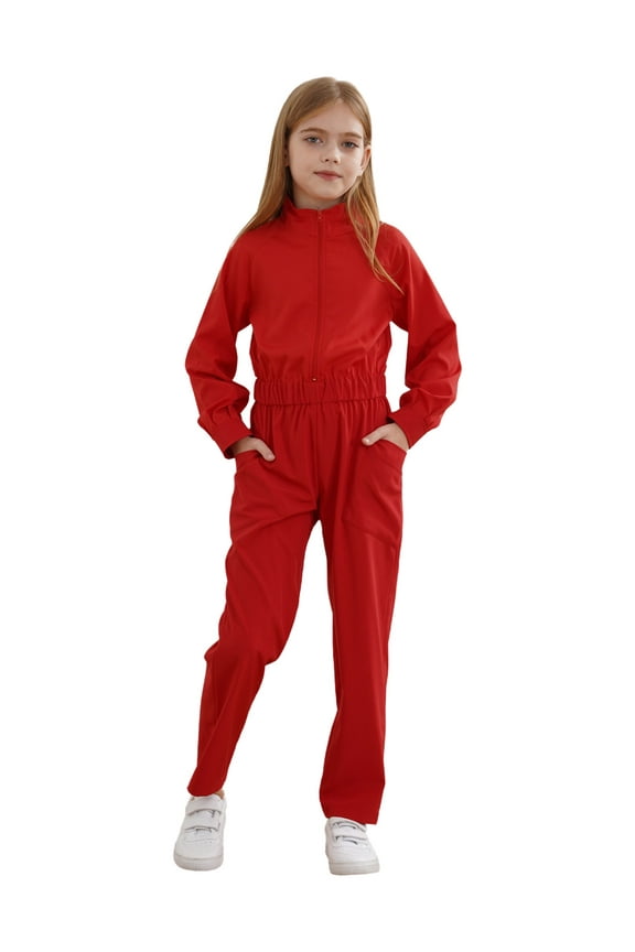 Girls Boys Long Sleeve Stand Collar Romper Coverall Jumpsuit Kids Mechanic Boiler Suit Hallo ween Dress Up Party Red 10