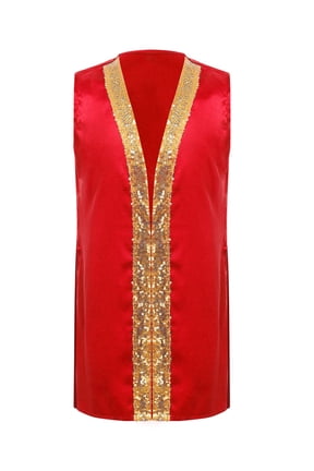 Girls Boys Sequins Satin Dance Tunic Liturgical Praise Dance Top Sleeveless Open Front Split Worship Choir Robe Red 12