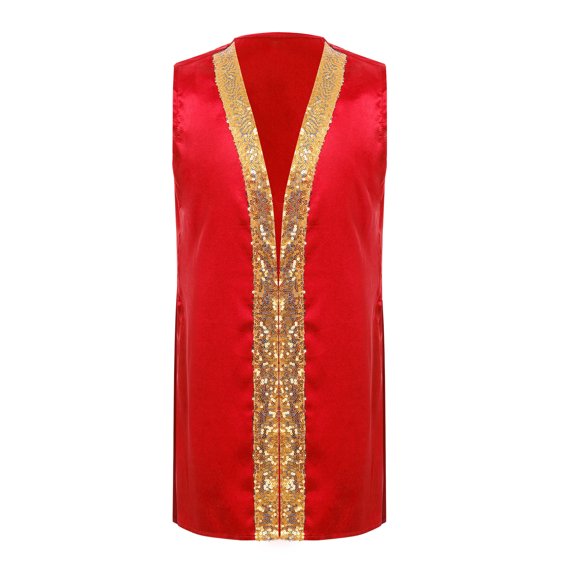 Doomiva Girls Boys Sequins Satin Dance Tunic Liturgical Praise Dance Top Sleeveless Open Front Split Worship Choir Robe Red 12