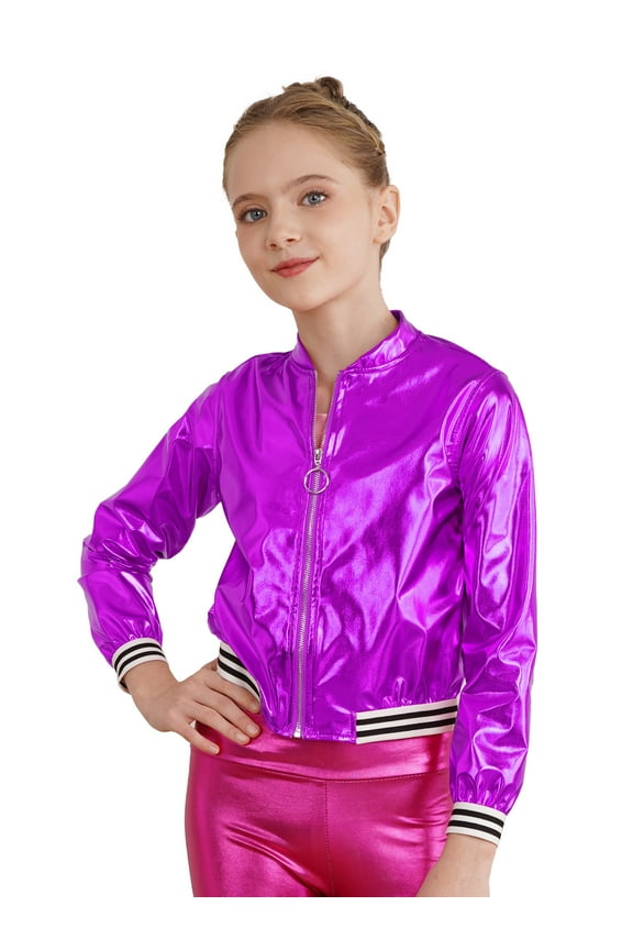 Girls Boys Shiny Metallic Long Sleeve Bomber Jacket Jazz Hip Hop Street Dance Top Coat Purple 12