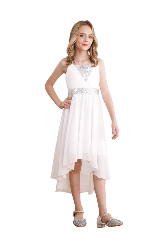 Girls Chiffon Princess Bridesmaid Dress Sequins Wedding Gown Pageant Evening Dresses Silver 8