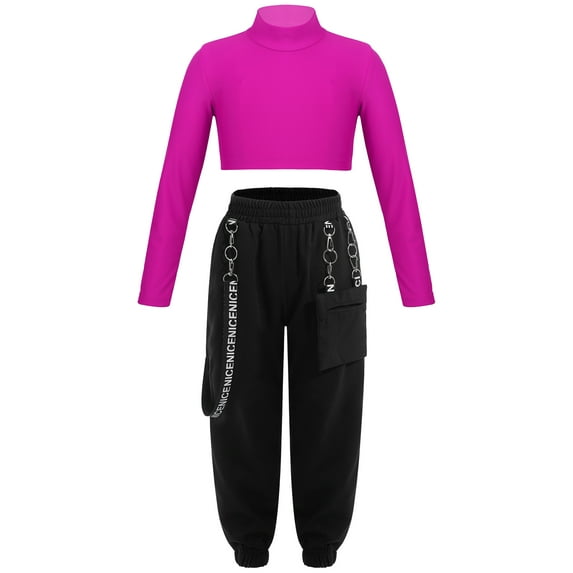 Doomiva Girls Hip Hop Street Jazz Dance Outfits Long Sleeve Crop Top with Cargo Jogger Pants Set Tracksuit Rose 6