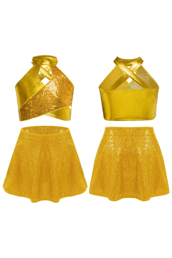 Girls Jazz Latin Lyrical Dance Cos tumes Metallic Disco Dancewear Ballet Crop Top and Pleated Mini Skirt Gold 6