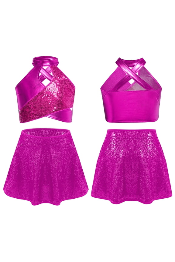 Girls Jazz Latin Lyrical Dance Cos tumes Metallic Disco Dancewear Ballet Crop Top and Pleated Mini Skirt Hot Pink 8