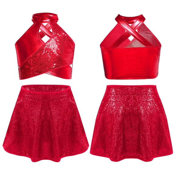 Doomiva Girls Jazz Latin Lyrical Dance Cos tumes Metallic Disco Dancewear Ballet Crop Top and Pleated Mini Skirt Red 6