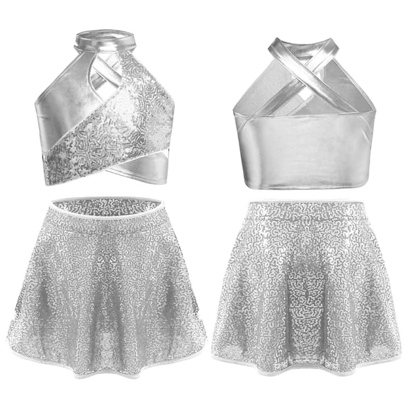 Doomiva Girls Jazz Latin Lyrical Dance Cos tumes Metallic Disco Dancewear Ballet Crop Top and Pleated Mini Skirt Silver 10