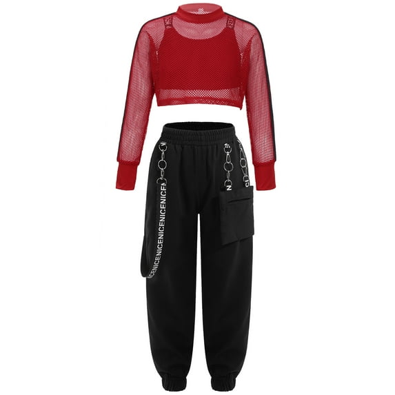 Doomiva Girls Jazz Street Skateboarding Dance Outfits Long Sleeve Crop Top Vest with Cargo Pants Red 14