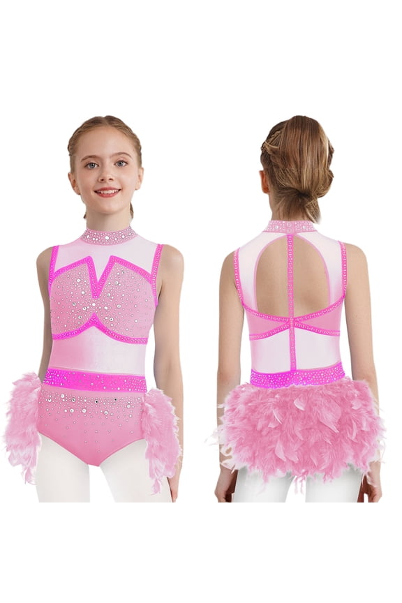 Girls Latin Jazz Dance Bodysuit Shiny Rhinestones Gymnastics Dancewear Feather Tulle Skirted Pink 6