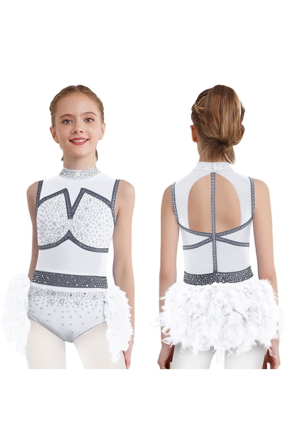 Girls Latin Jazz Dance Bodysuit Shiny Rhinestones Gymnastics Dancewear Feather Tulle Skirted White 10