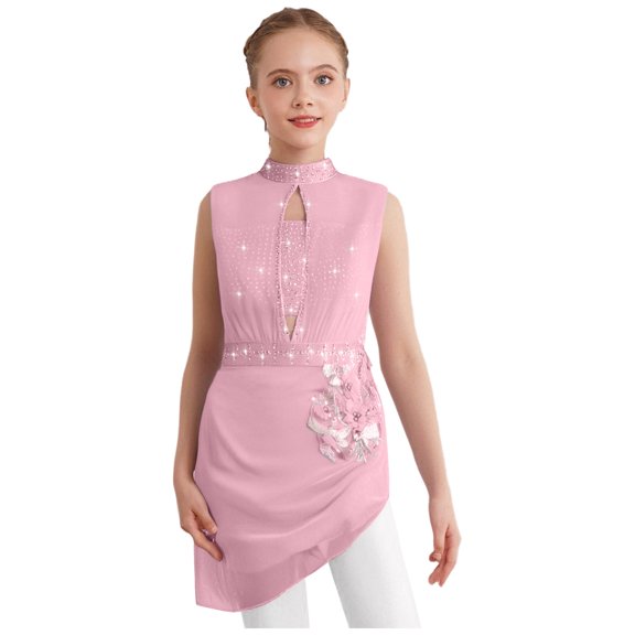 Doomiva Girls Lyrical Dance Dress Backless Ballet Leotard Sheer Mesh Skirt Figure Skating Dress for Performance Pink 10
