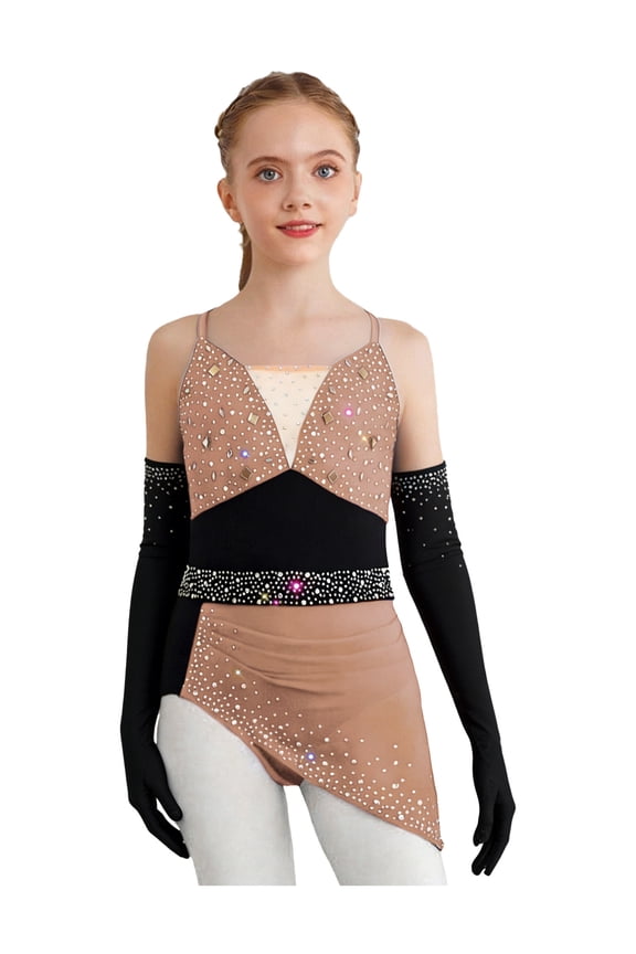 Girls Lyrical Dance Dress Shiny Rhinestone Criss Cross Back Latin Jazz Dance Dress with Gloves for Competitions Dusty Pink Black 8