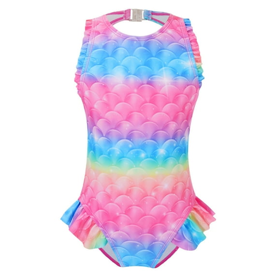 Doomiva Girls Mermaid One Piece Swimsuit Ruffles Cutout Back Beach Bikini Princess Pool Party Dress-up Pink 7-8