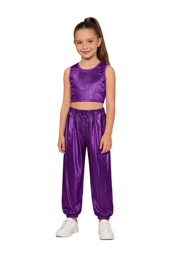 Girls Metallic Crop Tops with Shiny Pants Rave Dance Outfits Cheer Outfit for Hip-hop Cha-cha Purple 11-12