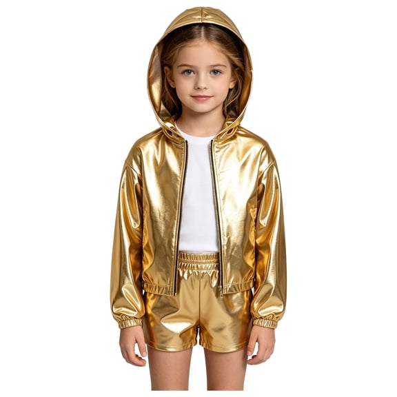 Doomiva Girls Metallic Hooded Jacket Shiny Long Sleeve Zip‑Up Stage Coat Holographic Tops Outerwear Gold 6