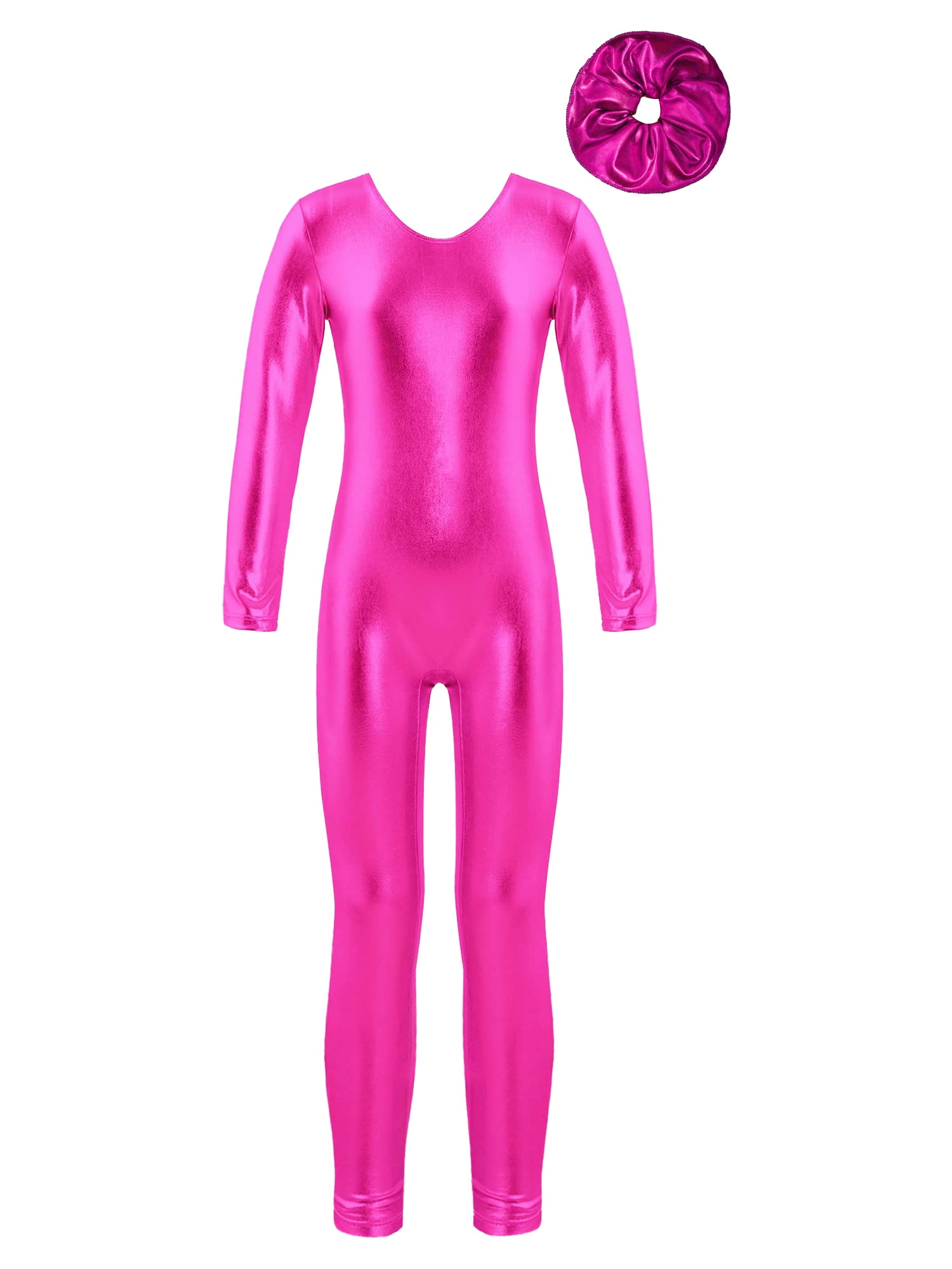 Doomiva Girls Metallic Long Sleeve Full Body Dance Leotard Bodysuit One Piece Jumpsuit with Hair Band Hot Pink 12