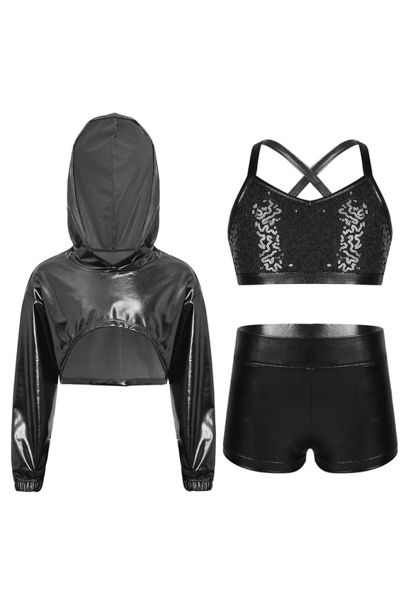 Girls Rave Disco Party Cos tume Sequin Jazz Hip Hop Dancing Outfits 3PCS Tracksuit Modern Dance Workout Black 8