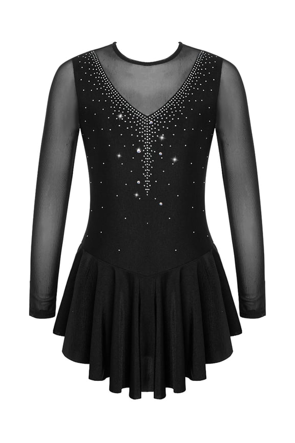 Girls Rhinestone Mesh Spliced Figure Ice Skating Leotard Dress Ballet Tutu Dress Competition Costume A Black 12
