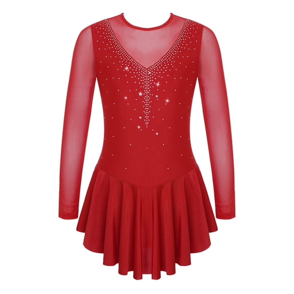 Doomiva Girls Rhinestone Mesh Spliced Figure Ice Skating Leotard Dress Ballet Tutu Dress Competition Costume Burgundy 12