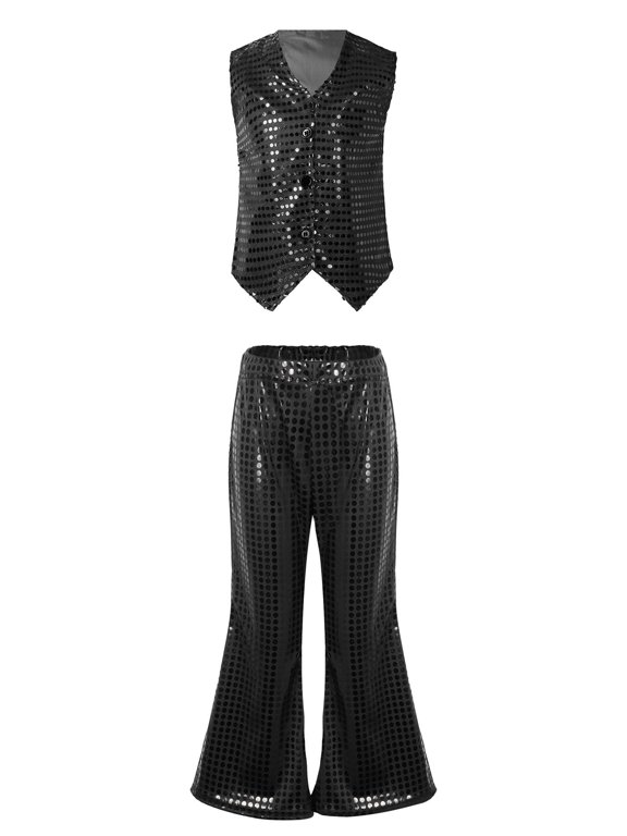 Girls Sequin Christmas Dance Costume Hip Hop Jazz Choir Dance Jacket Vest Waistcoat and Flared Pants Black 15-16
