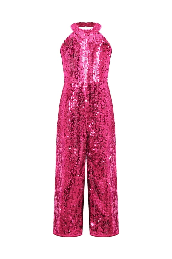 Girls Sequin Halter Neck Jumpsuit Romper for Birthday Party School Pageant Dance Hot Pink 10