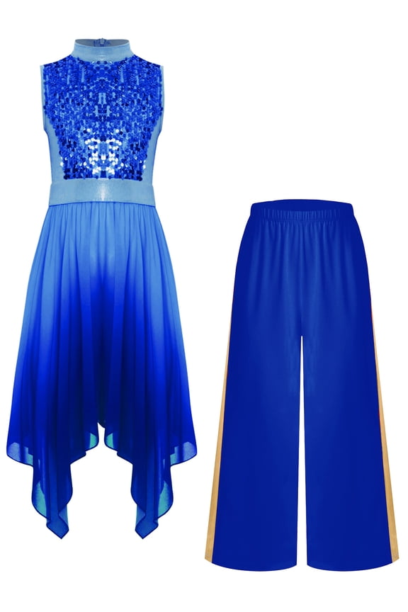 Girls Sequin Sleeveless Lyrical Praise Dance Dress Asymmetrical Hem Worship Liturgical Tunic Overlay with Pants Blue 12