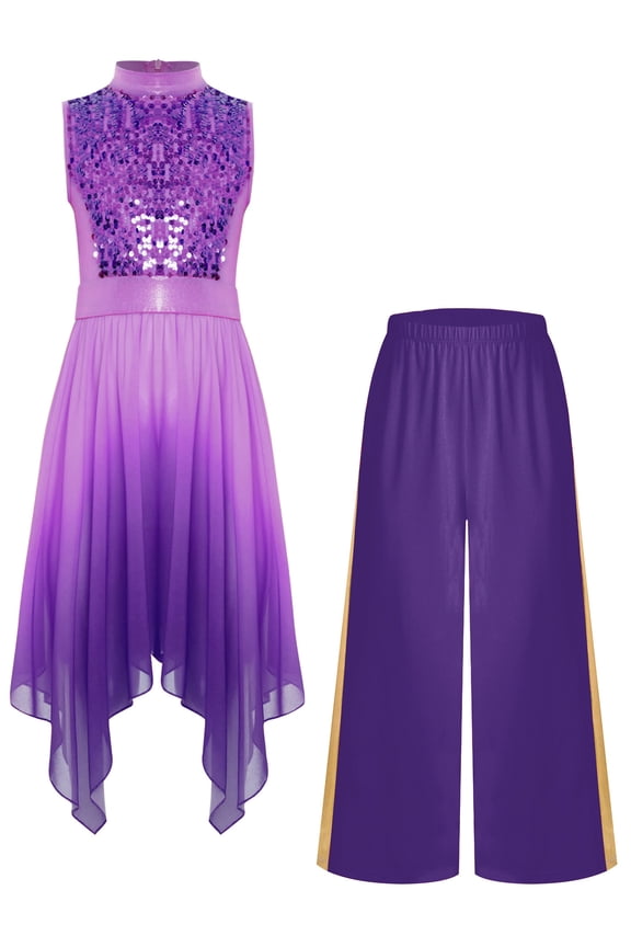 Girls Sequin Sleeveless Lyrical Praise Dance Dress Asymmetrical Hem Worship Liturgical Tunic Overlay with Pants Purple 6