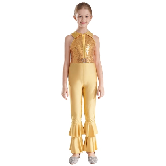 Doomiva Girls Sequins Metallic One Piece Full Body Tank Unitard Bodysuit Dance Gymnastics Leotard Jumpsuit A Gold 14