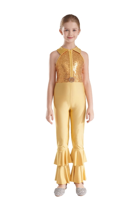 Girls Sequins Metallic One Piece Full Body Tank Unitard Bodysuit Dance Gymnastics Leotard Jumpsuit A Gold 14