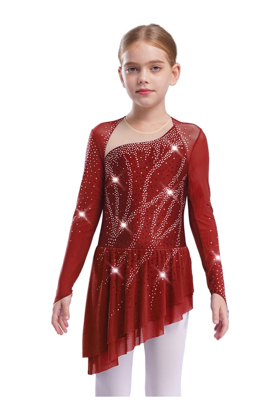 Girls Sparkly Figure Ice Skating Dress Mesh Long Sleeve Irregular Hem Ballet Lyrical Dress Ballroom Dancewear Burgundy 8