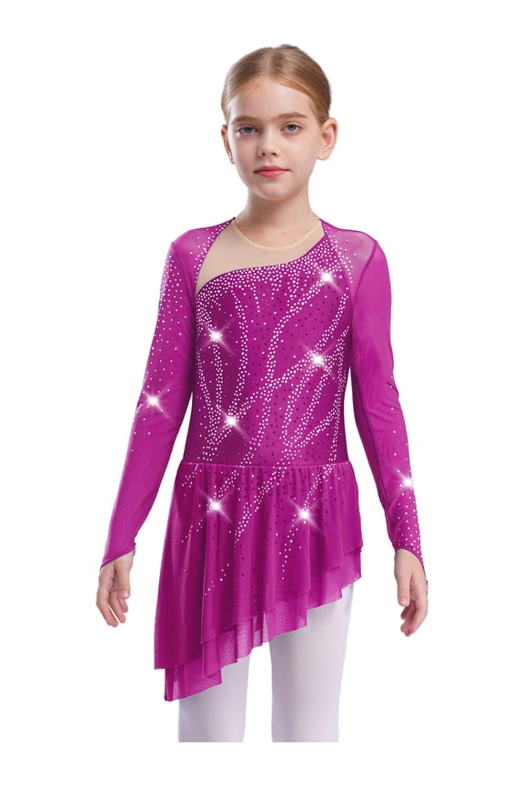 Girls Sparkly Figure Ice Skating Dress Mesh Long Sleeve Irregular Hem Ballet Lyrical Dress Ballroom Dancewear Hot Pink 14
