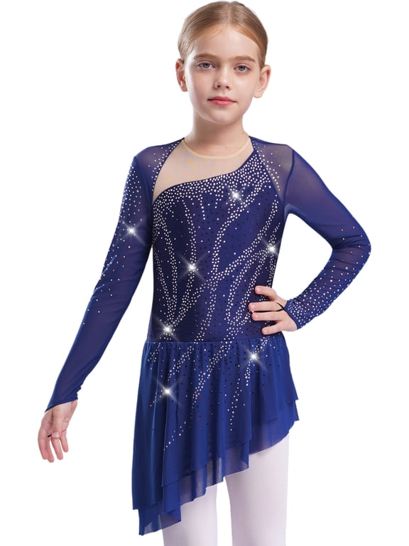 Girls Sparkly Figure Ice Skating Dress Mesh Long Sleeve Irregular Hem Ballet Lyrical Dress Ballroom Dancewear Navy Blue 12