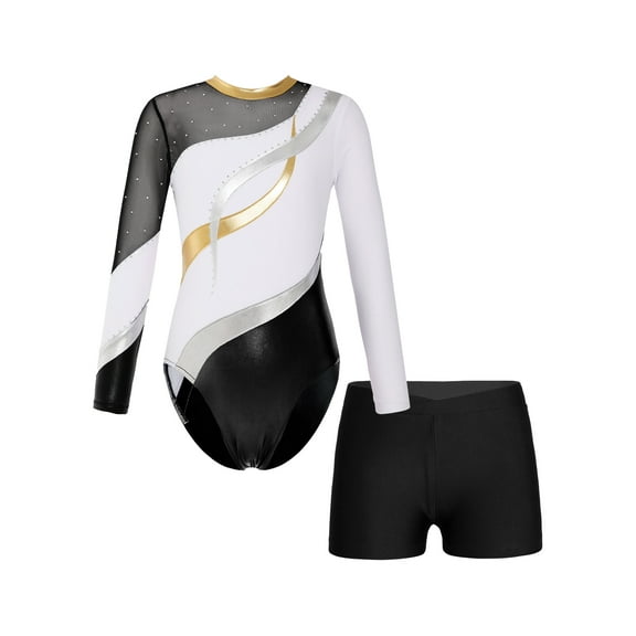 Doomiva Girls Sparkly Rhinestone Long Sleeve Gymnastics Dance Leotard Bodysuit with Shorts Set A White 10