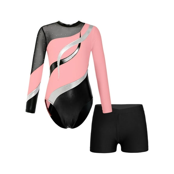 Doomiva Girls Sparkly Rhinestone Long Sleeve Gymnastics Dance Leotard Bodysuit with Shorts Set Pink 8