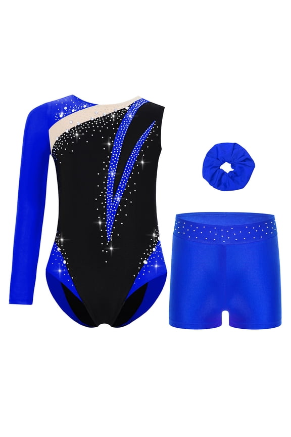 Gymnastics Leotard for Girls Dance Unitard Biketard Asymmetrical Long Sleeve Bodysuit with Shorts Hairband Royal Blue 16