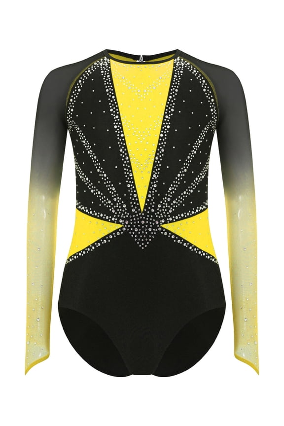 Gymnastics Leotard for Girls Rhinestone Long Sleeve Tumbling Unitard Ballet Dance Bodysuit Yellow 6