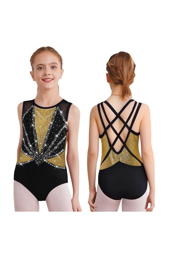 Gymnastics Leotards for Girls Classic Ballet Dance Unitard One Piece Activewear Practice Outfits Black&Gold 8