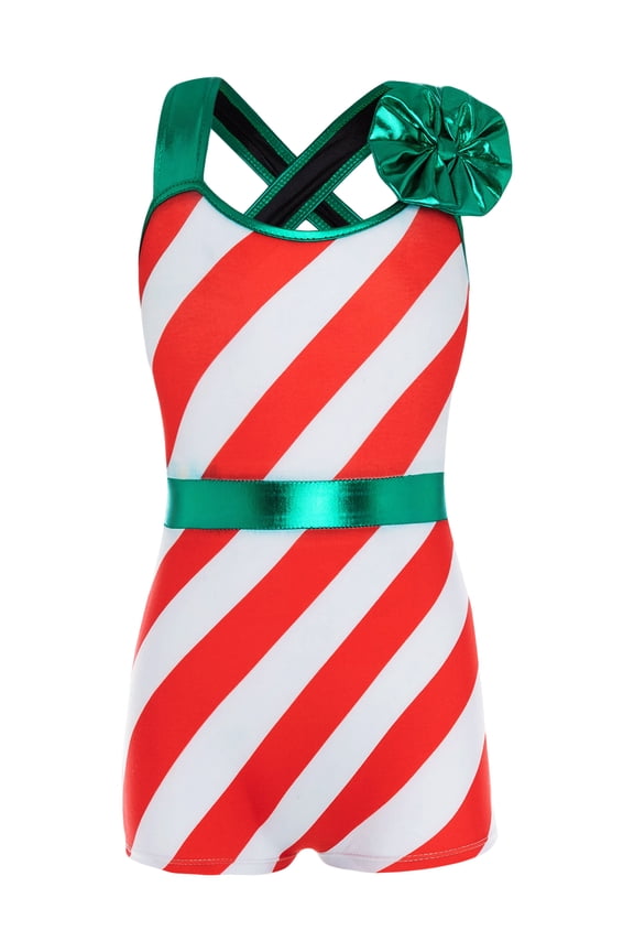 Gymnastics Leotards for Girls Kids Biketard with Shorts Christmas Stripes Printed Dance Red 6