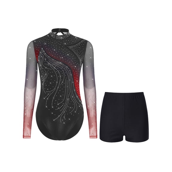 Doomiva Gymnastics Leotards for Women Long Sleeve with Shorts Set Sparkly Dance Ballet Unitard Red M