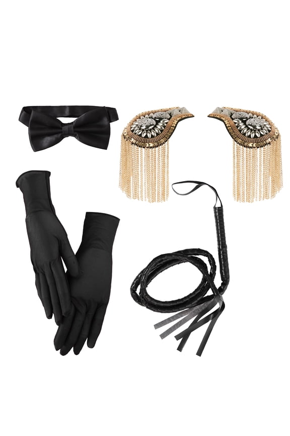 Halloween Circus Ringmaster Costume Props Tassel Epaulettes with Whip Gloves Pre-tied Bow Tie Ringmaster Cosplay Accessories Gold One Size