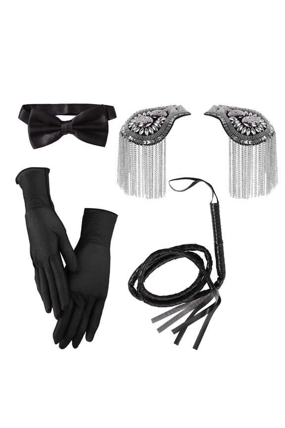 Halloween Circus Ringmaster Costume Props Tassel Epaulettes with Whip Gloves Pre-tied Bow Tie Ringmaster Cosplay Accessories Silver One Size