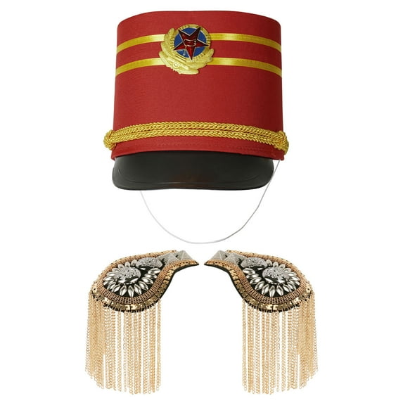 Doomiva Halloween Marching Band Costume Drum Major Hat with Tassel Epaulet Shoulder Boards Set for Carnival Parade Gold&Type H One Size